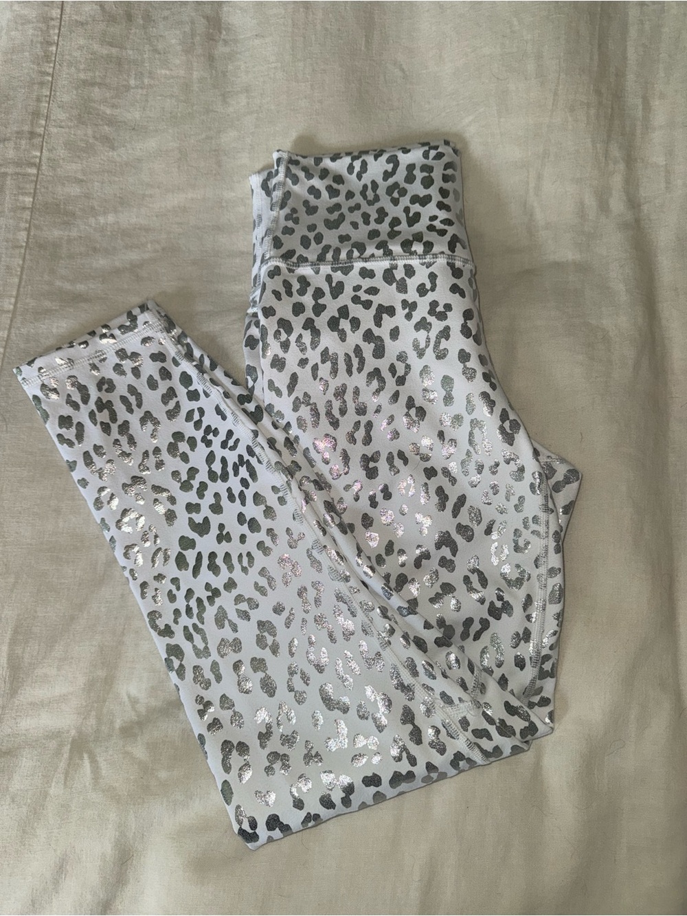 Fabletics White Leggings with Silver Leopard Print